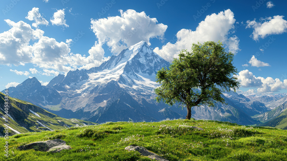 Fototapeta premium Breathtaking mountain landscape featuring majestic peak, lush green meadows, and solitary tree under vibrant blue sky with fluffy clouds