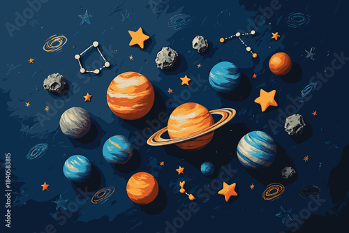 Vector Illustration of Seamless Pattern of Sleeping Planets and Peaceful Stars on black background.