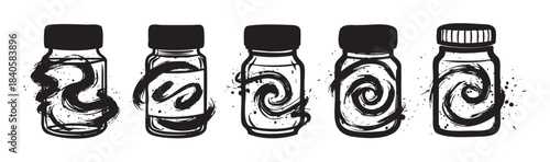 Glass jars with abstract ink brush stroke designs showcase a unique artistic illustration style, featuring dynamic swirls and splatters within each container.