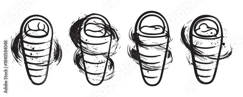 Four stylized sleeping bags with artistic brushstroke details and grunge texture, perfect for outdoor adventure, camping, and travel-themed designs in a monochrome illustration style.