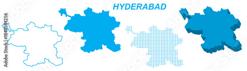 Hyderabad Map Vector Set, India Outline Silhouette Dotted 3D Solid Shapes, Hyderabad City Infographic Template, Editable EPS Hyderabad Geography