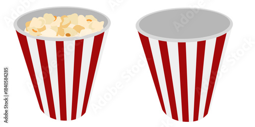 Popcorn cup illustration with full and empty containers. Great for movie night graphics, cinema menus, snack icons and Popcorn Day visuals.