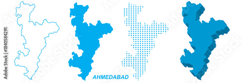Ahmedabad Map Vector Set, India Outline Silhouette Dotted 3D Solid Shapes, Ahmedabad City Infographic Template, Editable EPS Ahmedabad Geography