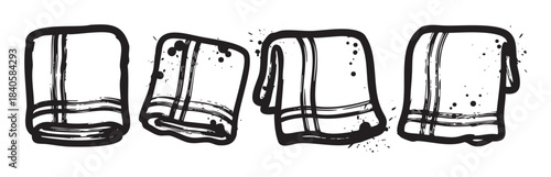 Four hand drawn folded towels with a grunge artistic style, featuring rough brushstrokes and ink splatters, creating a unique textile illustration.