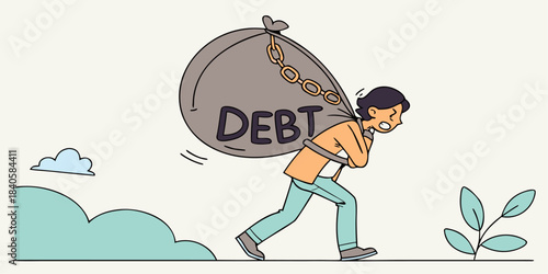 Man carrying heavy burden of financial debt sack on his back