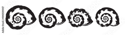Four stylized spiral snail shells with a textured, grunge, and ink-like brush stroke design, creating an artistic and abstract pattern.