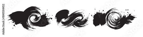 Black ink brush strokes create dynamic and expressive abstract swirling patterns with a textured, grunge, and artistic graphic design element.