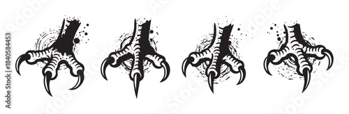 Aggressive monster talons with a distressed ink splatter effect, perfect for creating powerful and menacing graphic design elements.