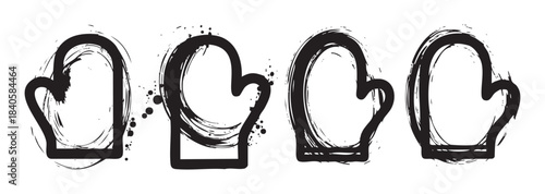 Four grunge style oven mitts cooking gloves are depicted in a hand-drawn, rough brushstroke vector illustration, perfect for kitchen or culinary design.