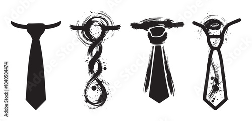 Four distinct artistic neckties presented in a stylized brushstroke collection, showcasing various abstract and grunge ink designs for fashion and business concepts.