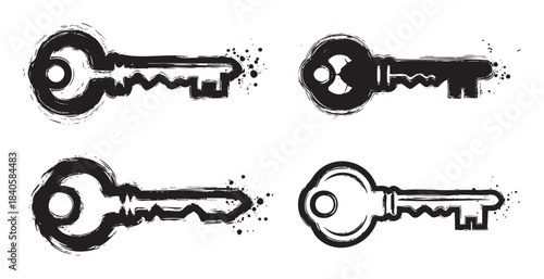 Four stylized grunge keys with distressed brushstroke texture are arranged horizontally, featuring a unique artistic and slightly abstract design with ink splatters.