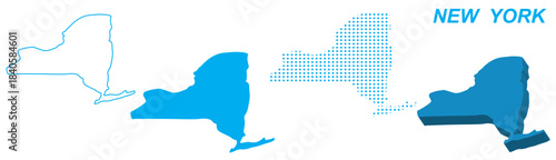 New York Map Vector Set, USA Outline Silhouette Dotted 3D Solid Shapes, New York State Infographic Template, Editable EPS New York Geography