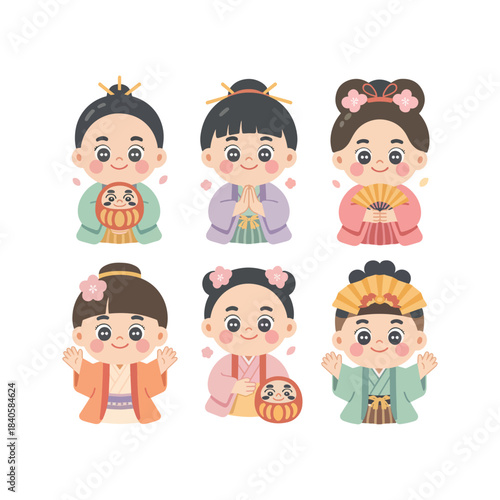 A set of funny cartoon people, boys, and girls, with vector art illustrations of children's faces and family characters