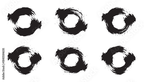 Black brushstroke circles with rough textures create a set of six abstract, hand-painted ink rings, perfect for artistic design elements and creative projects.