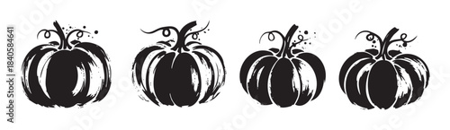 Four black silhouette pumpkins with a rustic brush stroke texture are arranged in a horizontal row, perfect for autumn and Halloween designs.