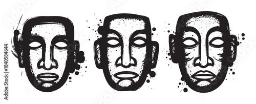 Three abstract tribal masks with grunge texture and artistic brushstrokes create a striking visual representation of ancient culture and mystery.