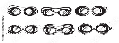 Six swimming goggles illustrations in a grunge hand-drawn style with ink splatters, offering a dynamic and artistic visual for various sports and aquatic design projects.