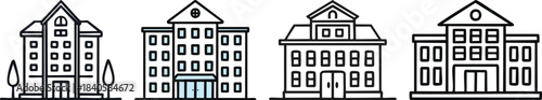 Hotel building icon with three story block layout using bold outline windows and clean minimal geometric styling