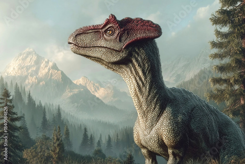 Cryolophosaurus stands majestically in a prehistoric landscape of mountains and forests
