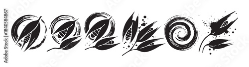 Abstract organic shapes in a collection of black and white stylized ink brushstroke designs, featuring natural elements and artistic textures.