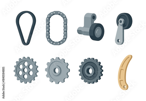 Bicycle parts set, gears, chain, flat vector illustration