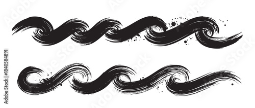 Black brush strokes create a dynamic and textured wavy pattern, resembling abstract ocean waves or artistic ink calligraphy, perfect for creative design elements.