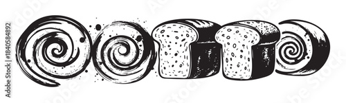 Two slices of bread are depicted in a stylized black and white illustration, surrounded by abstract swirling brushstrokes creating a dynamic and artistic design.