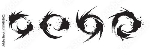 Abstract brushstroke circles with dynamic ink splatters form a set of unique, hand-drawn artistic design elements in black, conveying energy and creativity.