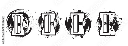 Pencil sharpeners vector illustration set featuring a collection of grunge style icons with ink splashes, perfect for creative design projects and stationery themes.