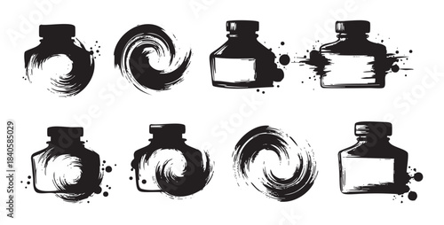Various ink bottles and artistic brushstroke elements are presented in a collection of grunge-style illustrations, perfect for creative design projects.