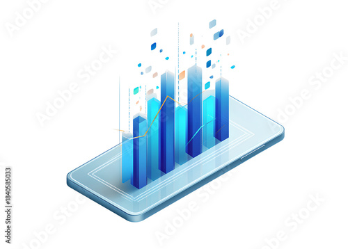 vector graphic, blue isometric bar graph on a phone screen with data points floating above it, transparent background.