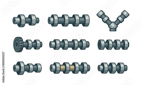 Camshaft collection, engine parts, flat vector illustration, mechanical components