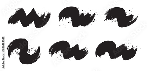 Six black artistic brush strokes with textured grunge details create a dynamic and expressive set of design elements for creative projects.