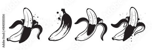 Four stylized black and white banana illustrations with a grunge texture, depicting both whole and peeled fruits in a graphic art style.