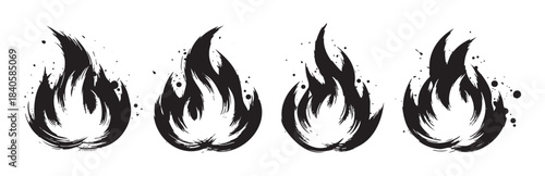 Four stylized fire icons with dynamic brushstroke texture showcasing a powerful and energetic artistic representation of flames and heat.
