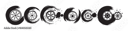 Stylized black and white wheels with dynamic brushstroke effect creating an abstract and energetic graphic illustration of speed and movement.