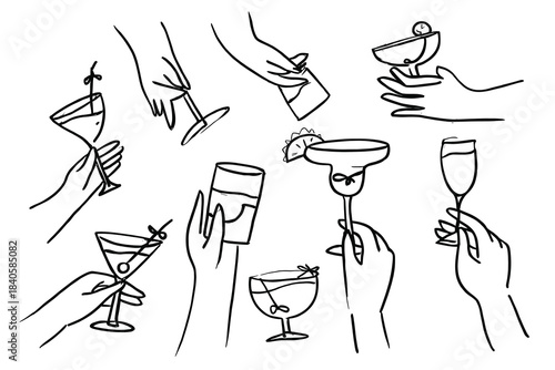 hands hold wine clinking glasses line art vector illustration,continuous drawing contour.Cheers toast festive decoration for new year.
