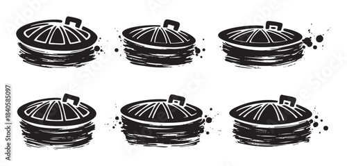 Trash can lids grunge style vector illustration set featuring multiple round covers with textured brush strokes and ink splatters.