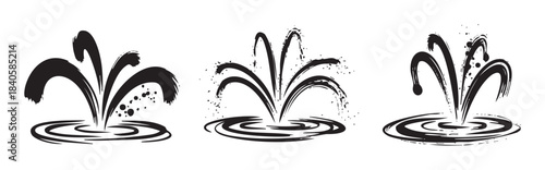 Three stylized water fountain illustrations featuring dynamic brushstroke textures and splashing water ripples, conveying movement and a fluid aesthetic.