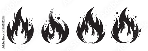 Set of black fire flames with dynamic brushstroke and splatter effects, representing heat, energy, and passion in a bold graphic style.