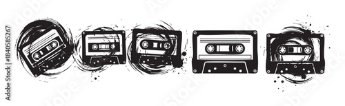 Audio cassette tapes grunge style illustration featuring a collection of retro music media with artistic brush strokes and distressed textures, evoking a nostalgic vibe.