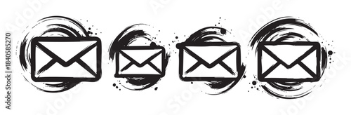 Four distinct hand-drawn envelope mail message icons featuring a grunge brush stroke effect, symbolizing digital communication and contact.