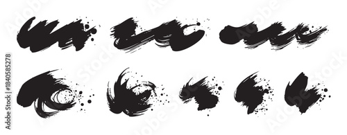 Abstract black ink brush strokes collection featuring various expressive grunge textures and splatters for artistic design elements and creative overlays.