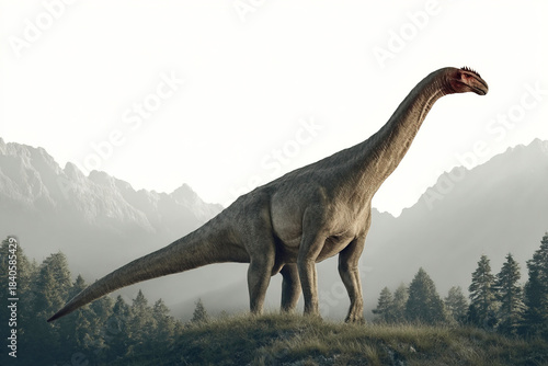 Vulcanodon dinosaur stands tall in a prehistoric landscape with forests and mountains