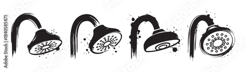 Four stylized black and white shower heads with artistic brushstrokes are depicted in a modern, distressed vector illustration for bathroom design.