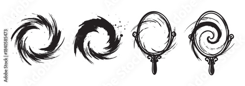 Abstract swirling brush stroke elements and stylized hand mirrors featuring a dynamic spiral pattern, rendered in a grunge, ink-splatter style for artistic design.