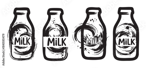 Four artistic milk bottles with a distinctive brushstroke texture and handwritten 'MILK' text are presented as a graphic design element with a rustic charm.