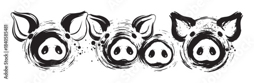 Three stylized black ink brush stroke pig heads with expressive artistic details and splatters, perfect for a rustic or farm-themed design.