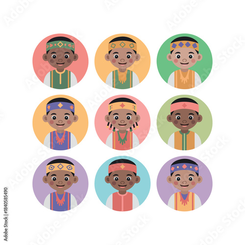 Diversity of Children: Colorful portraits of children showcasing cultural diversity, each capturing a unique expression and attire, representing unity and the spirit of youth.