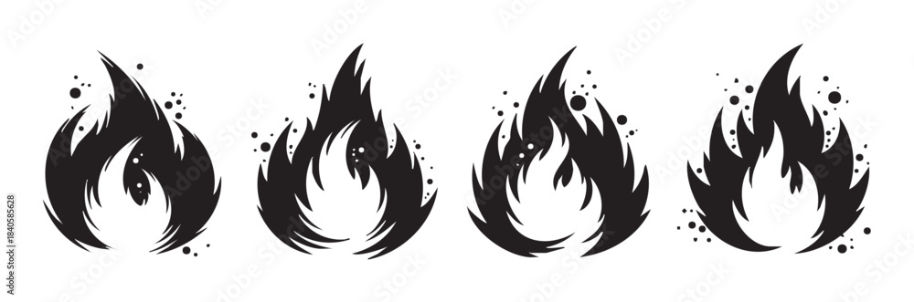 Obraz premium Four stylized fire flame icons with varying abstract shapes and dynamic details, perfect for conveying concepts of heat, energy, and passion.